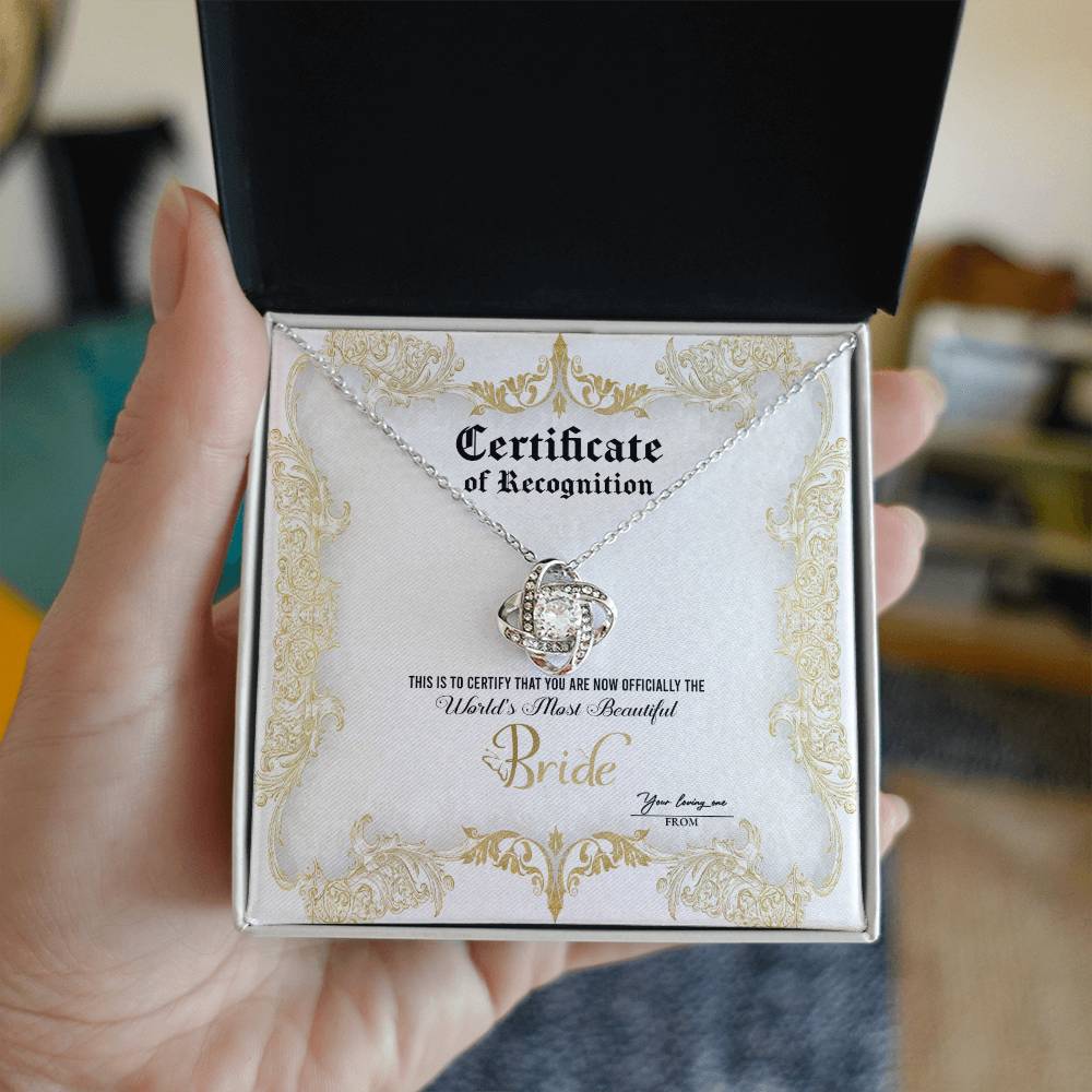 Bride Certificate Of Achievement Love Knot Necklace