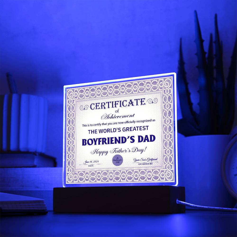 Boyfriends Dad Certificate Of Achievement - Acrylic Square
