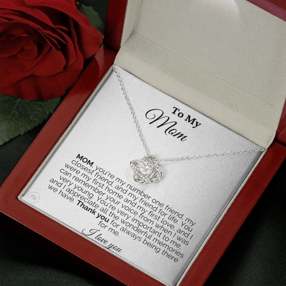 MOM First Home Silver Love Knot Necklace